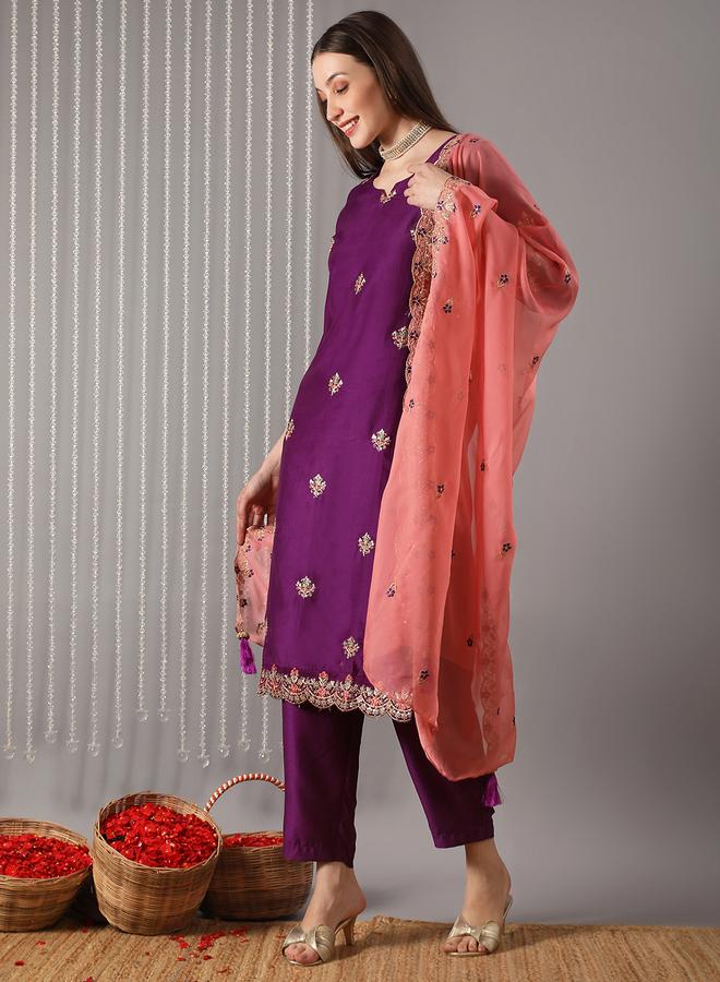 globus Women Purple Floral Embroidered Straight Kurta with Pant and Contrast Dupatta Set - Image 1